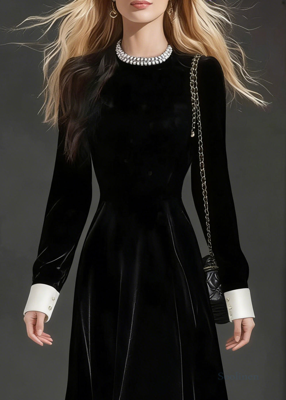 Loose Black O-Neck Zircon Silk Velvet Party Dress Spring