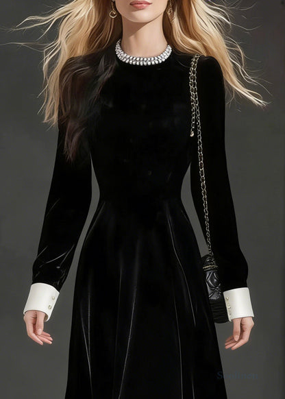 Loose Black O-Neck Zircon Silk Velvet Party Dress Spring