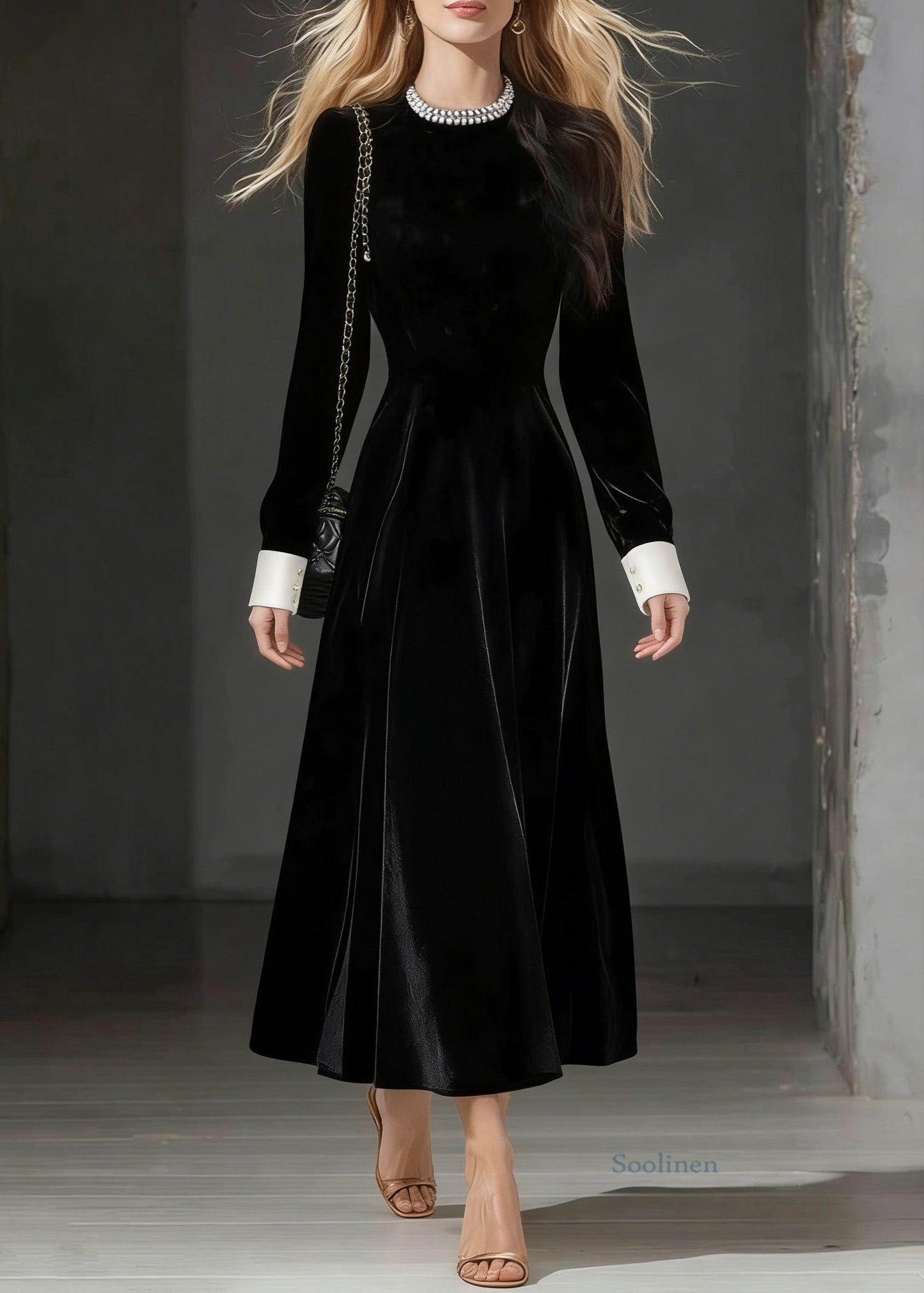 Loose Black O-Neck Zircon Silk Velvet Party Dress Spring