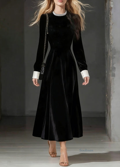 Loose Black O-Neck Zircon Silk Velvet Party Dress Spring