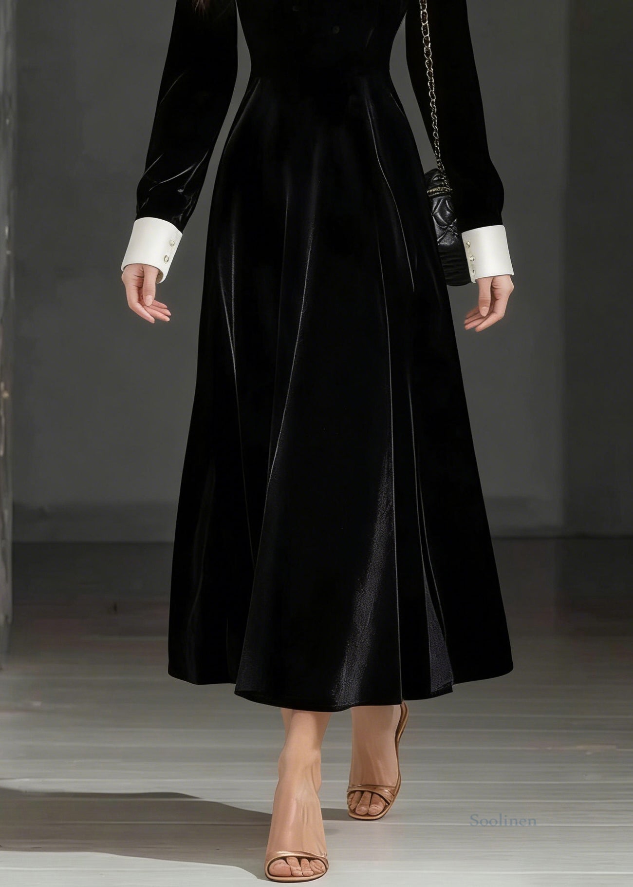 Loose Black O-Neck Zircon Silk Velvet Party Dress Spring