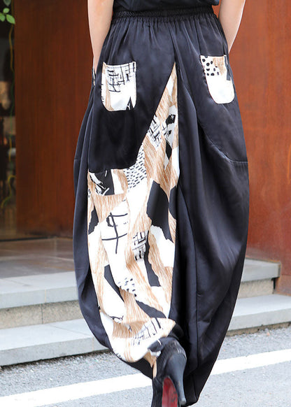 Lockere schwarze Patchwork-Apricot-Freizeithose für den Frühling