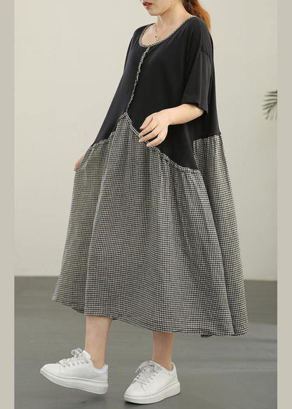Loose Black Patchwork Plaid asymmetrical design Dresses Summer Cotton Linen - SooLinen