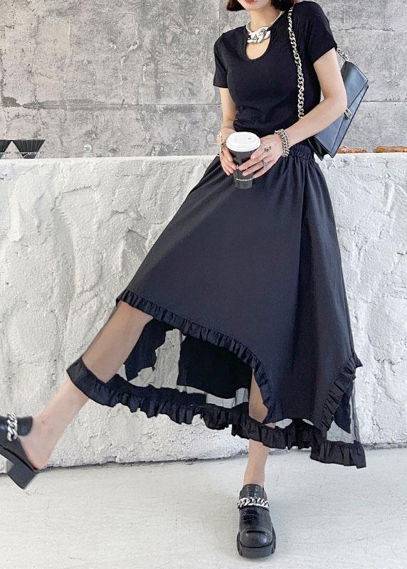Loose Black Patchwork Tulle Cotton Skirt - SooLinen