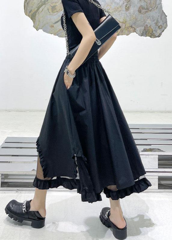 Loose Black Patchwork Tulle Cotton Skirt - SooLinen