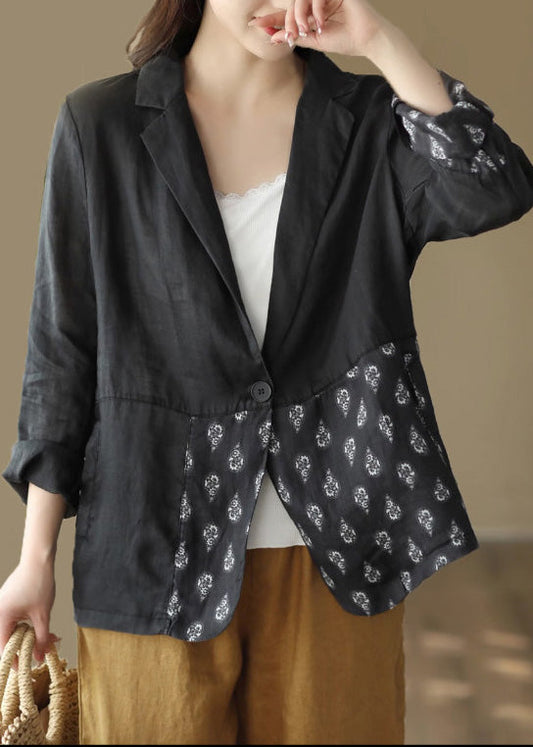 Lose Hellgrün Patchwork Print Ramie Mäntel Frühling