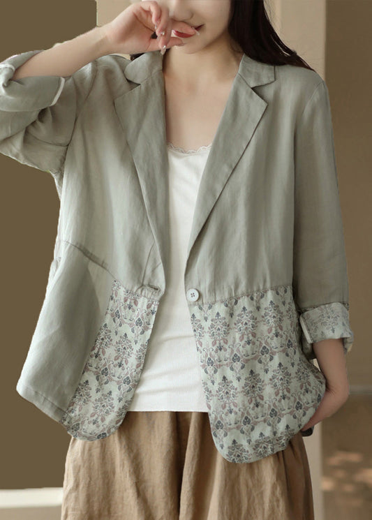 Lose Hellgrün Patchwork Print Ramie Mäntel Frühling