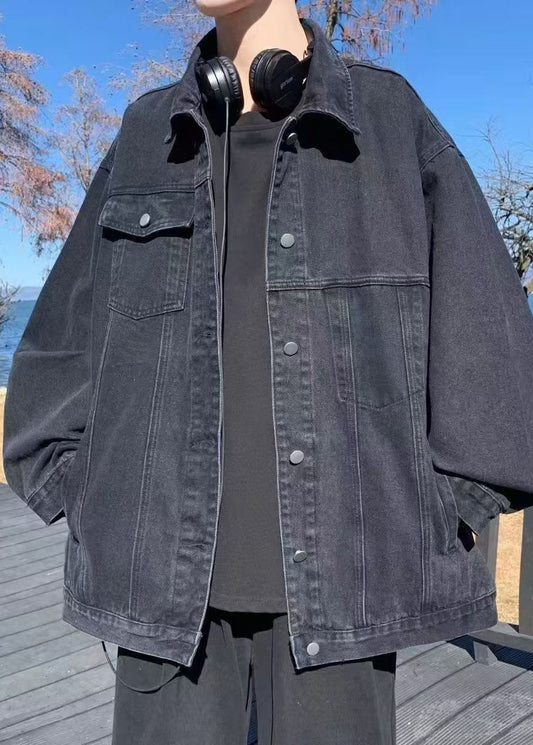 Loose Black Peter Pan Collar Pockets Denim Mens Coats Fall