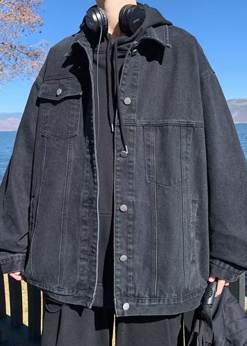 Loose Black Peter Pan Collar Pockets Denim Mens Coats Fall