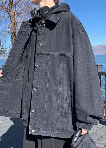 Loose Black Peter Pan Collar Pockets Denim Mens Coats Fall