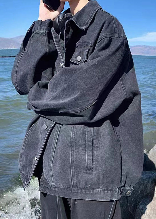 Loose Black Peter Pan Collar Pockets Denim Mens Coats Fall