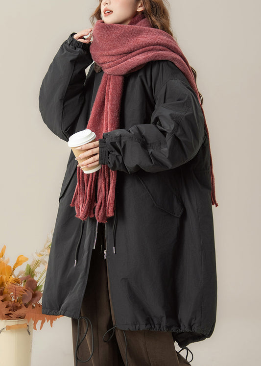 Parkas largas holgadas negras con cuello Peter Pan y bolsillos de patchwork para invierno