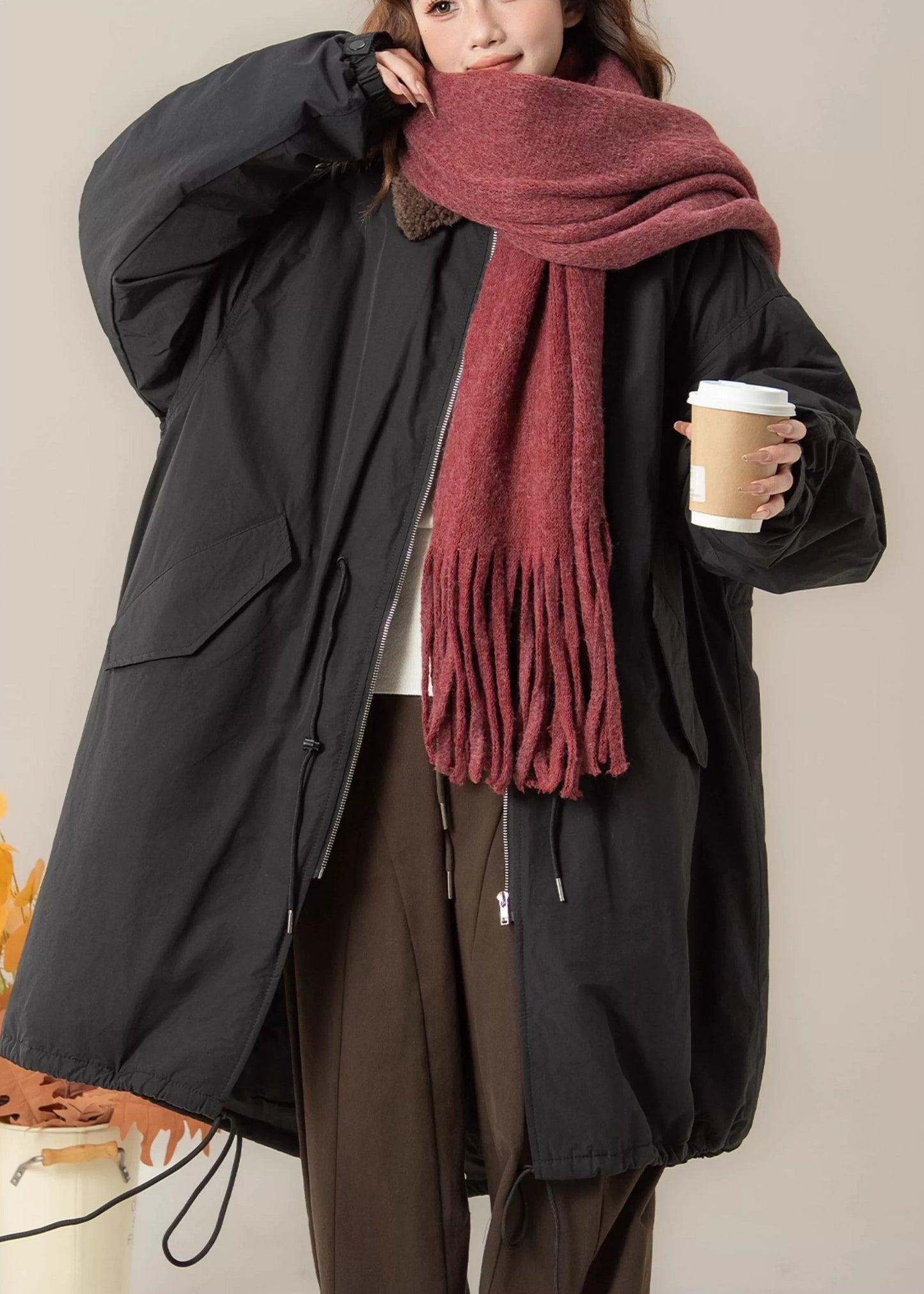 Parkas largas holgadas negras con cuello Peter Pan y bolsillos de patchwork para invierno