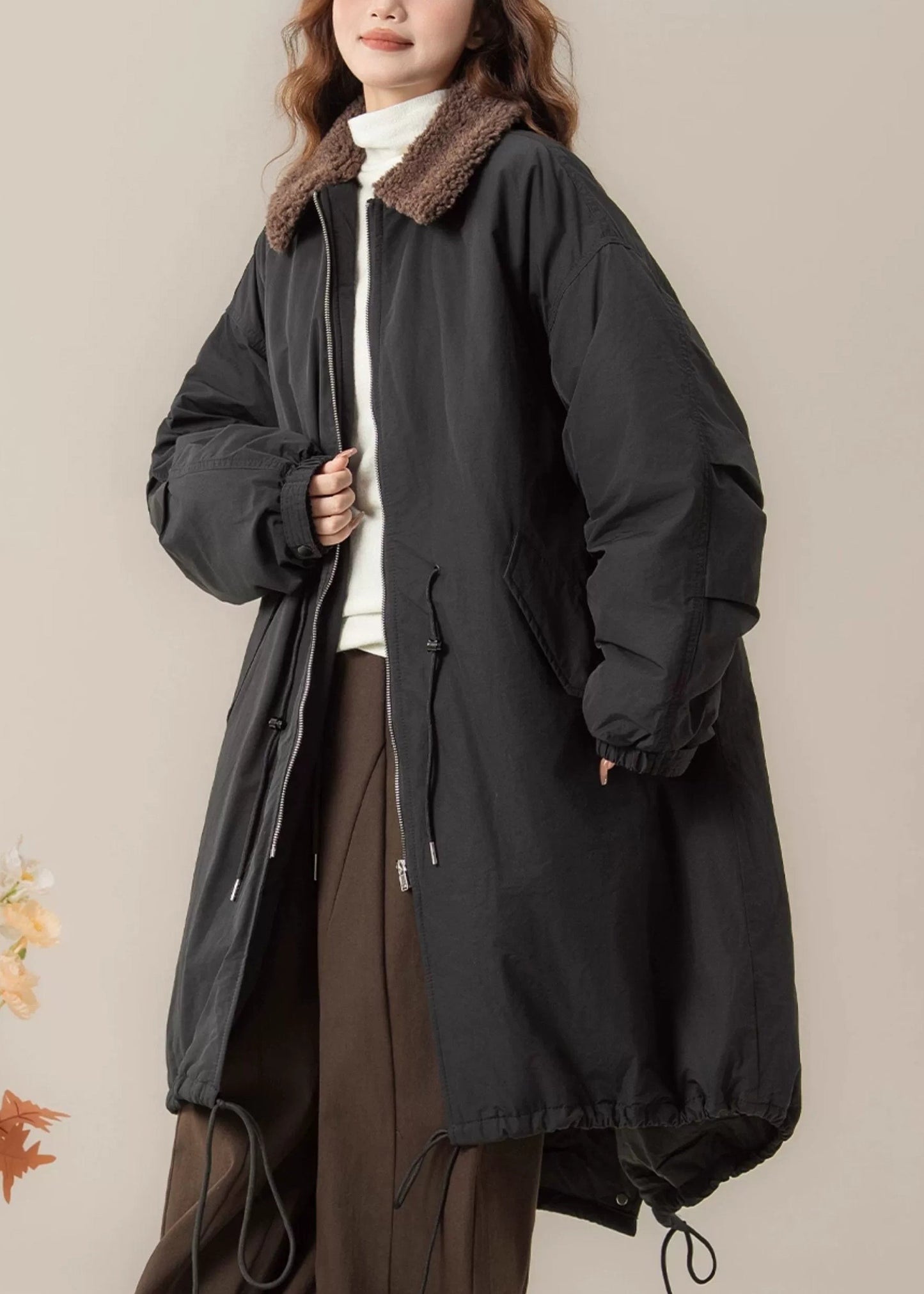 Parkas largas holgadas negras con cuello Peter Pan y bolsillos de patchwork para invierno