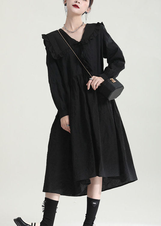 Lockere schwarze Peter-Pan-Kragen-Rüschenkleider Frühling