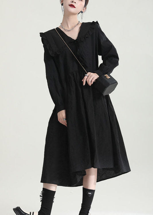 Lockere schwarze Peter-Pan-Kragen-Rüschenkleider Frühling