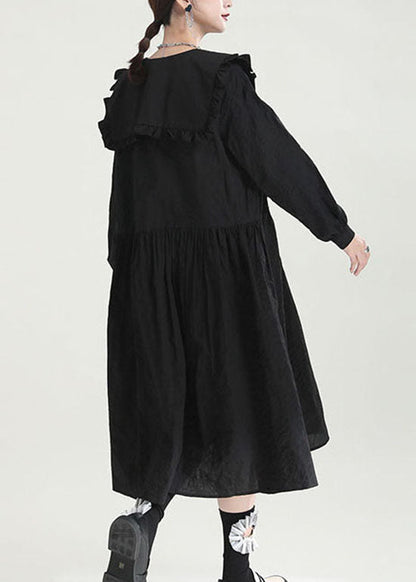 Lockere schwarze Peter-Pan-Kragen-Rüschenkleider Frühling