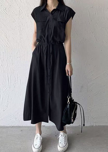 Loose Black Peter Pan Collar Tie Waist Cotton Long Dress Summer