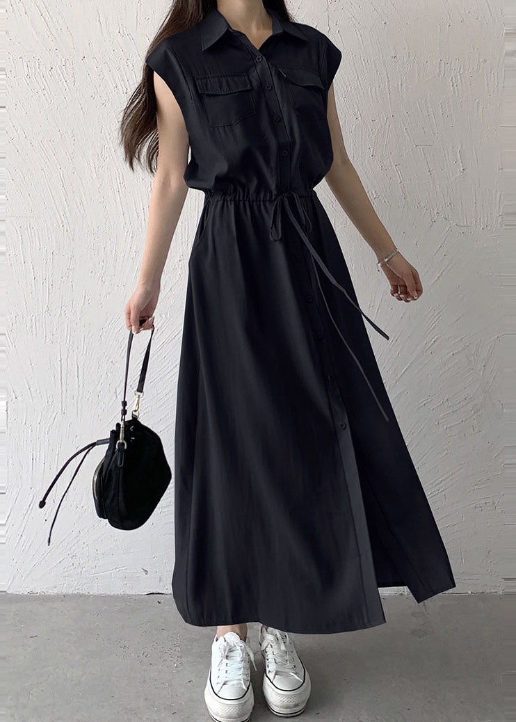Loose Black Peter Pan Collar Tie Waist Cotton Long Dress Summer