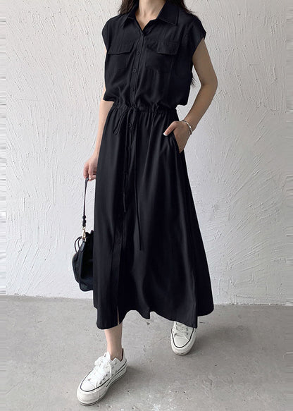 Loose Black Peter Pan Collar Tie Waist Cotton Long Dress Summer