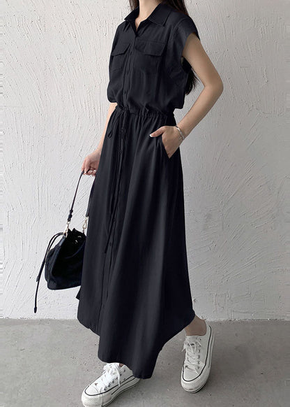 Loose Black Peter Pan Collar Tie Waist Cotton Long Dress Summer