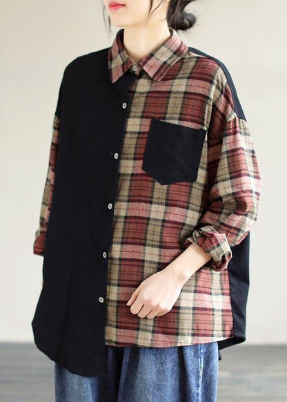 Loose Black Plaid For Women Lapel Patchwork Short Spring Top - SooLinen