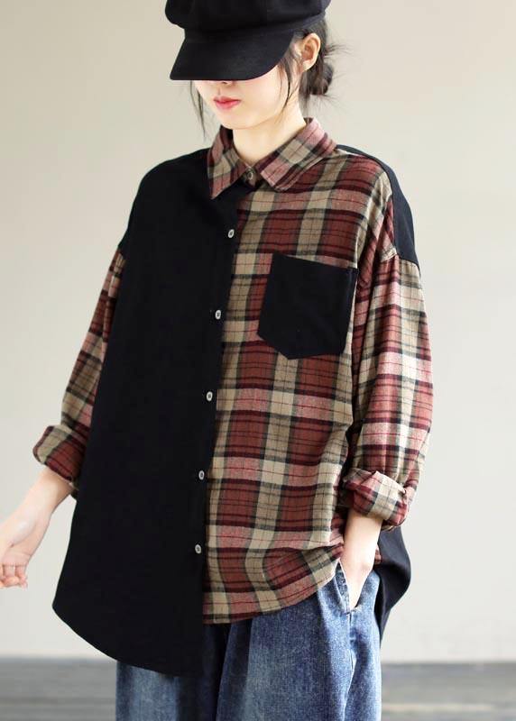 Loose Black Plaid For Women Lapel Patchwork Short Spring Top - SooLinen