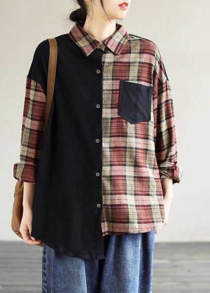 Loose Black Plaid For Women Lapel Patchwork Short Spring Top - SooLinen
