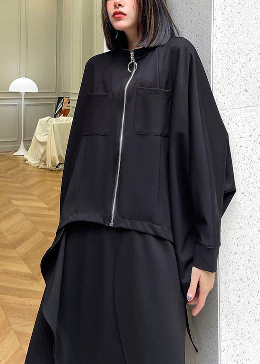 Loose Black Pockets Zippered Jackets Spring - SooLinen