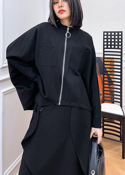 Loose Black Pockets Zippered Jackets Spring - SooLinen