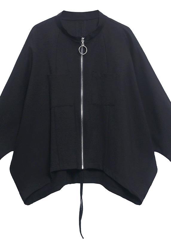 Loose Black Pockets Zippered Jackets Spring - SooLinen