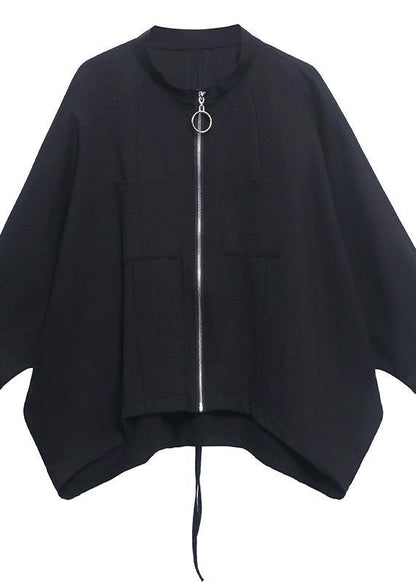 Loose Black Pockets Zippered Jackets Spring - SooLinen