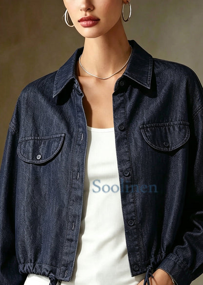 Loose Black Point Collar Drawstring Denim Jacket Fall