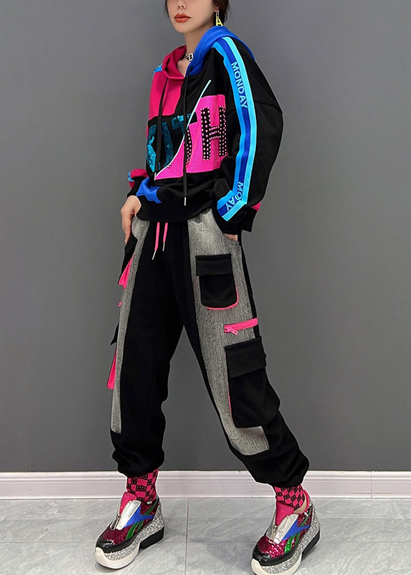 Lose Schwarz Print Kapuzen pullover Und Hosen Zwei Stücke Set Herbst