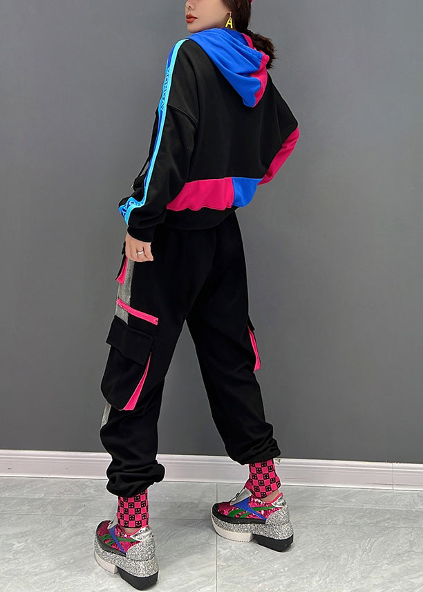 Lose Schwarz Print Kapuzen pullover Und Hosen Zwei Stücke Set Herbst
