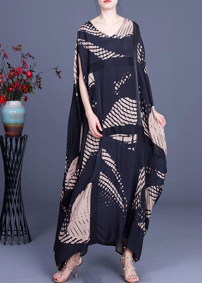 Loose Black Print O-Neck Batwing Sleeve Silk Dresses Summer - SooLinen