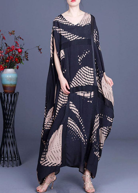 Loose Black Print O-Neck Batwing Sleeve Silk Dresses Summer - SooLinen