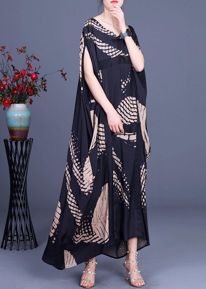 Loose Black Print O-Neck Batwing Sleeve Silk Dresses Summer - SooLinen