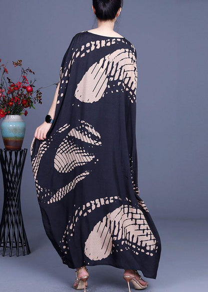 Loose Black Print O-Neck Batwing Sleeve Silk Dresses Summer - SooLinen