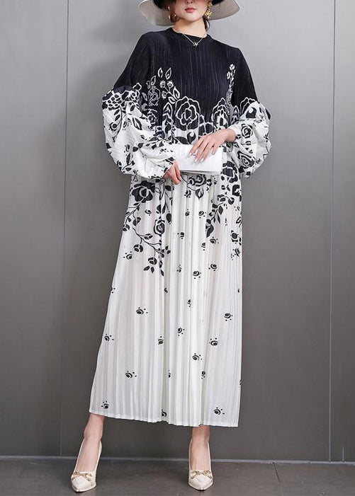 Loose Black Print Wrinkled Patchwork Cotton Long Dress Fall