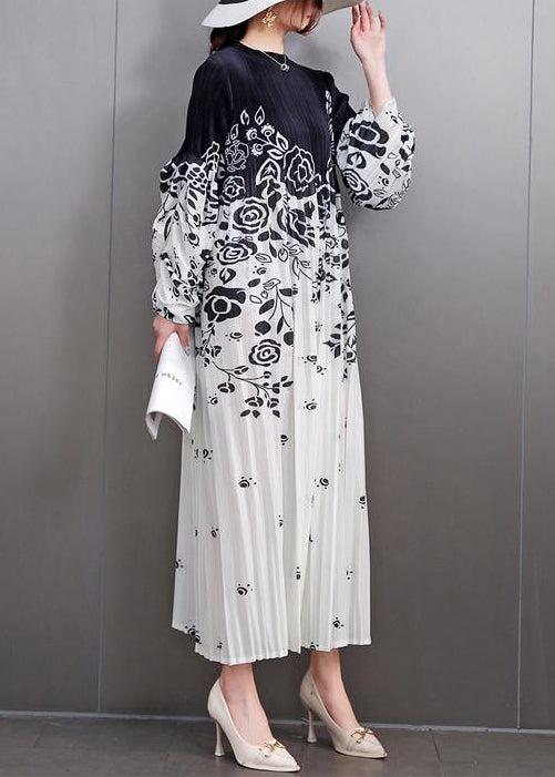 Loose Black Print Wrinkled Patchwork Cotton Long Dress Fall