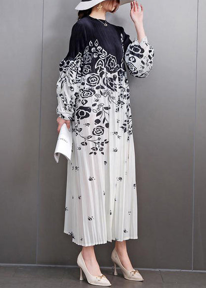 Loose Black Print Wrinkled Patchwork Cotton Long Dress Fall