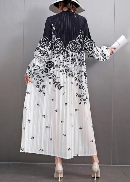 Loose Black Print Wrinkled Patchwork Cotton Long Dress Fall