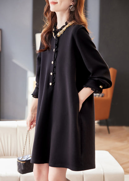Loose Black Ruffled Zircon Pockets Cotton Mid Dress Fall
