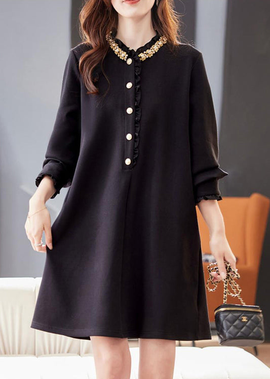 Loose Black Ruffled Zircon Pockets Cotton Mid Dress Fall