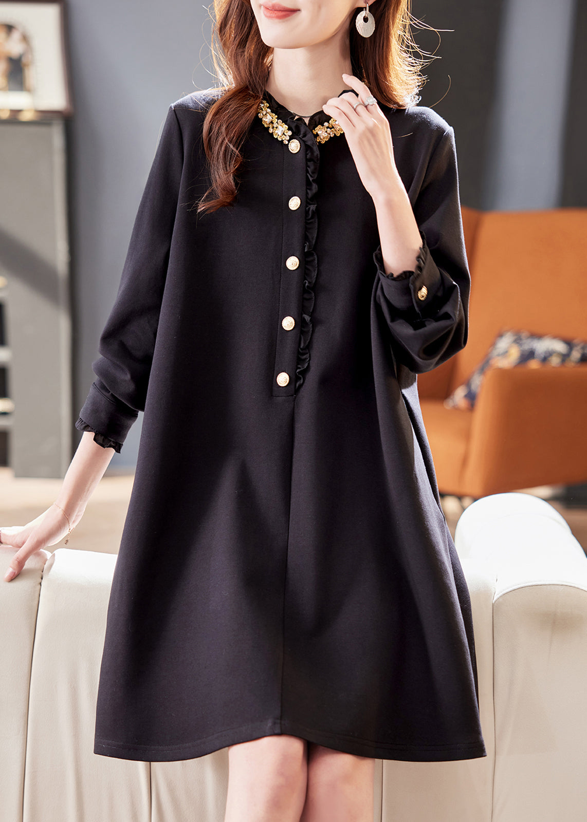 Loose Black Ruffled Zircon Pockets Cotton Mid Dress Fall