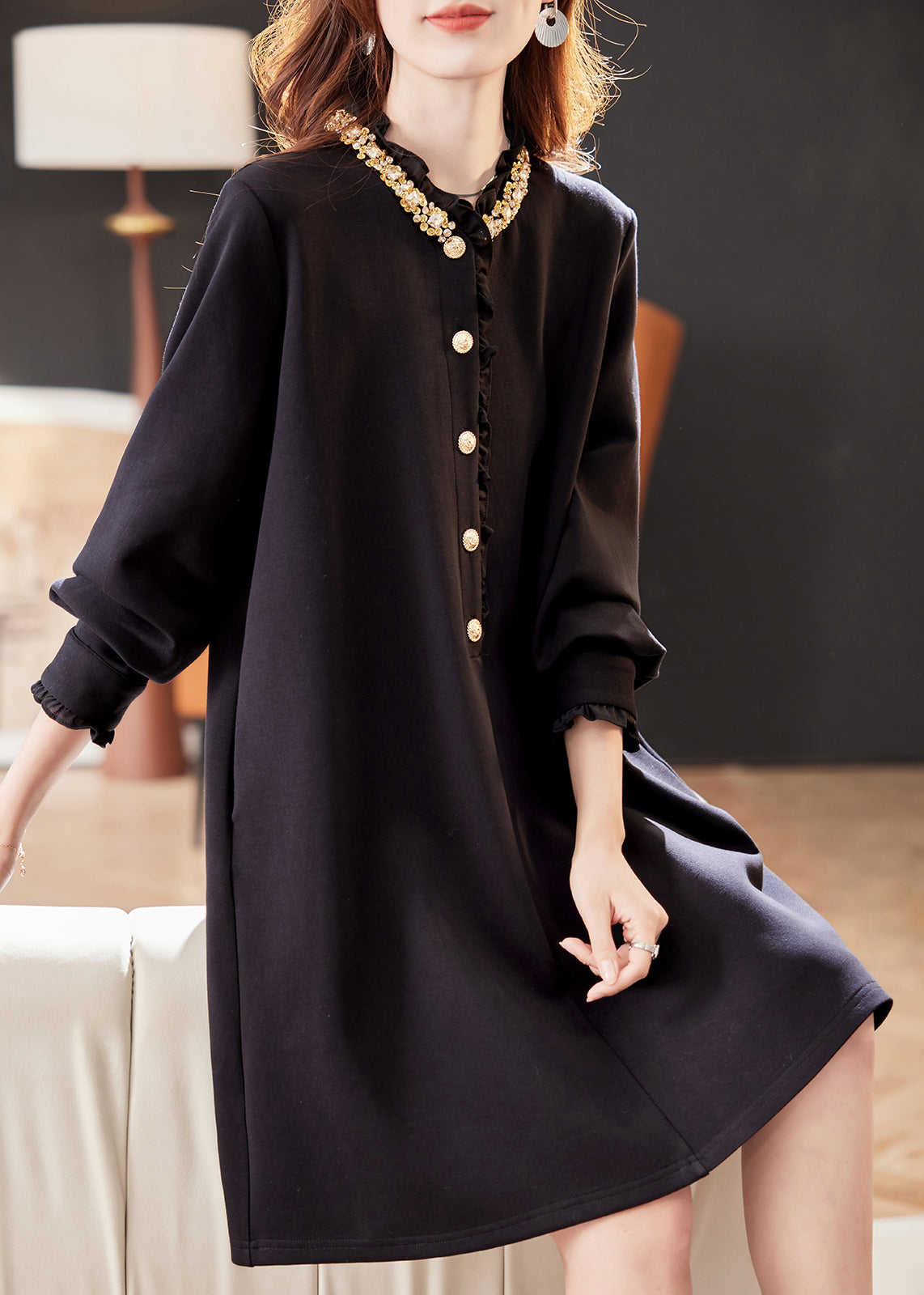 Loose Black Ruffled Zircon Pockets Cotton Mid Dress Fall