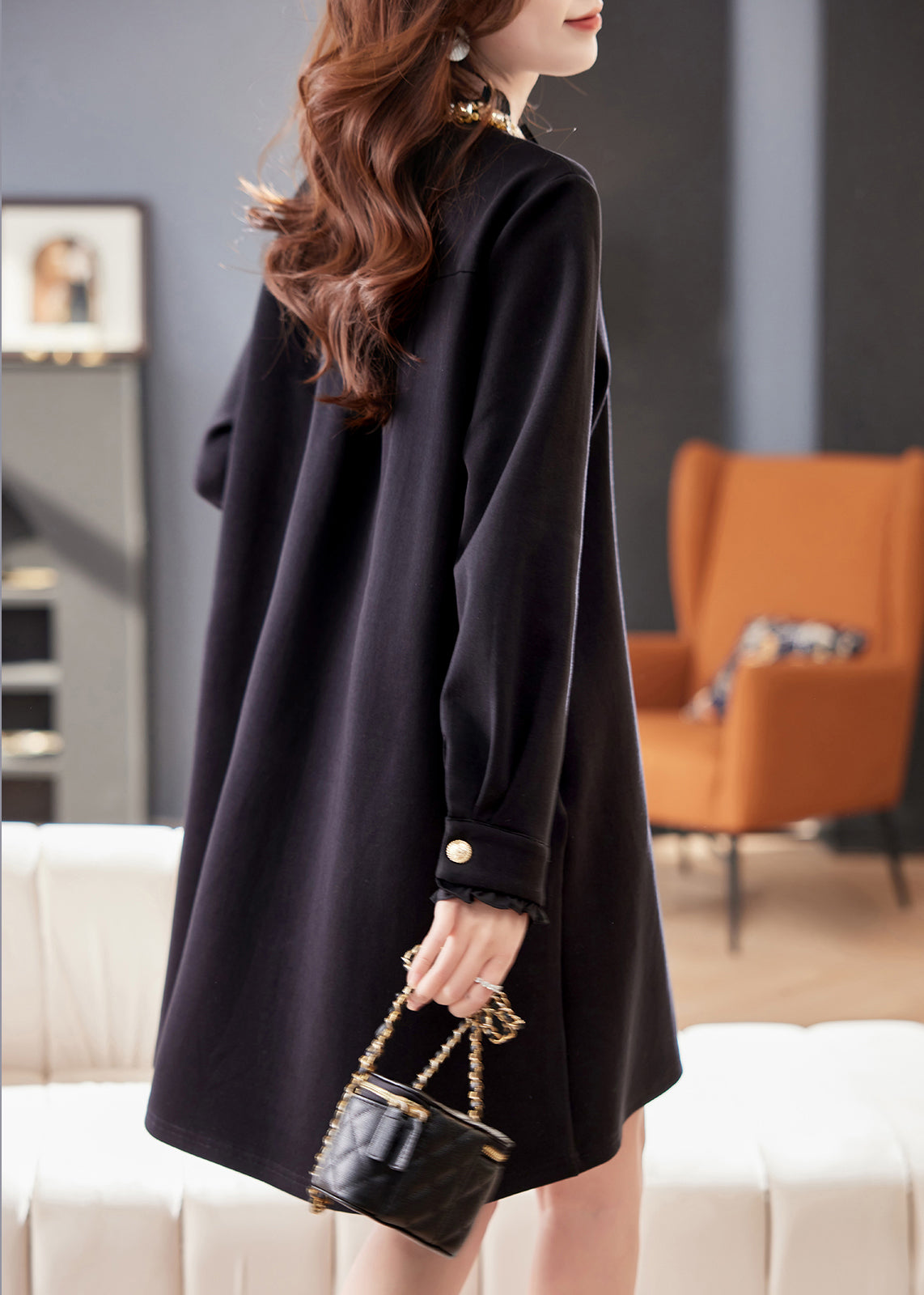 Loose Black Ruffled Zircon Pockets Cotton Mid Dress Fall