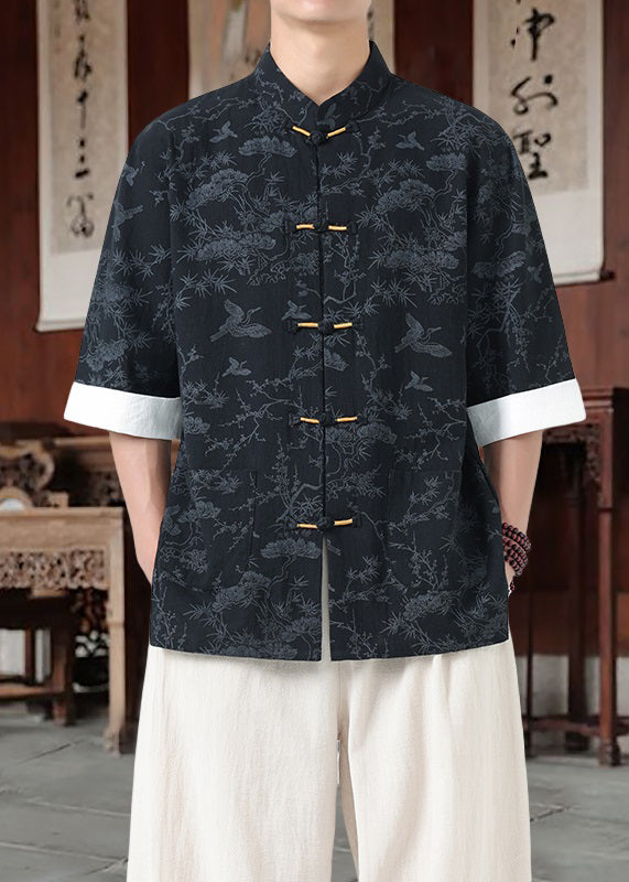 Locker geschnittenes schwarzes Baumwollhemd mit Stehkragen und chinesischen Knöpfen, halblang, Herrenärmel