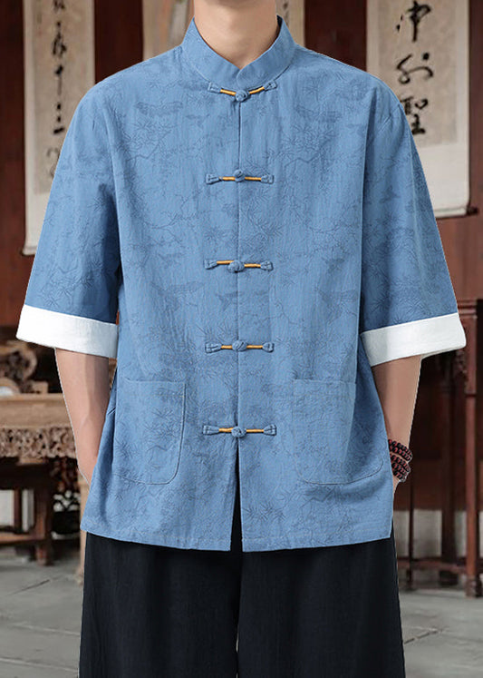 Camisa holgada de algodón con botones chinos y cuello alto negra para hombre, manga corta